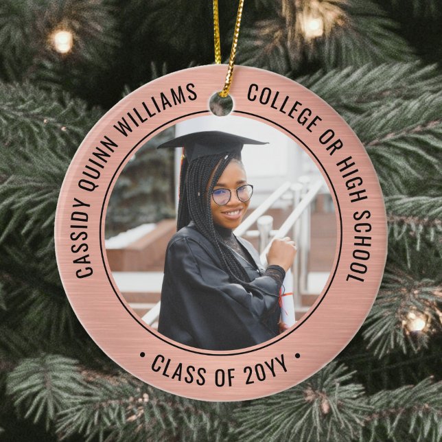 2 Photo Graduation Elegant Pink Rose Gold & Black Ceramic Ornament (Creator Uploaded)