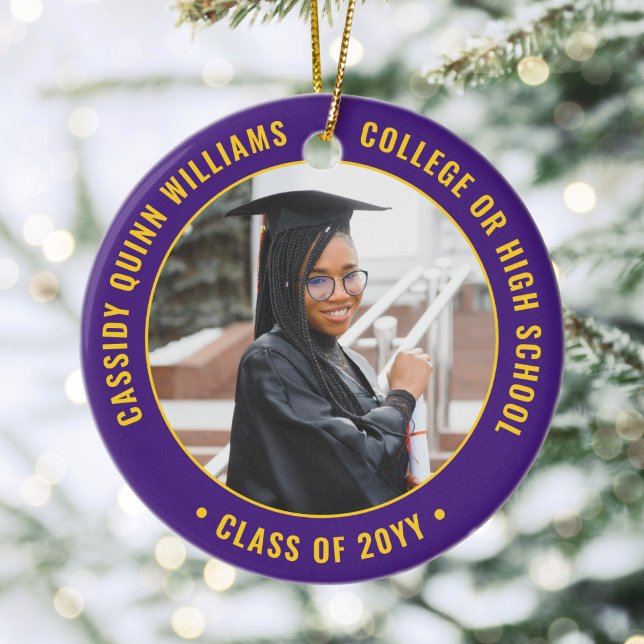 2 Photo Graduation Elegant Purple and Gold Ceramic Ornament (Creator Uploaded)