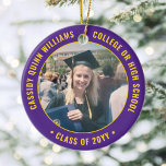 2 Photo Graduation Elegant Purple Gold Yellow Ceramic Ornament<br><div class="desc">Commemorate the graduate's achievement with an elegant purple and gold yellow custom two photo round graduation Christmas ornament. Pictures and all text are simple to customize and can be different on front and back.(IMAGE & TEXT DESIGN TIPS: 1) To adjust position of wording, add spaces at beginning or end. 2)...</div>