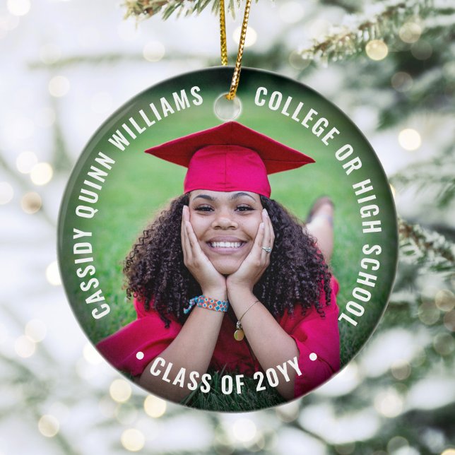 2 Photo Graduation Elegant Simple Modern Overlay Ceramic Ornament (Creator Uploaded)
