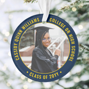 2 Photo Graduation Modern Navy Blue Gold Yellow Ornament