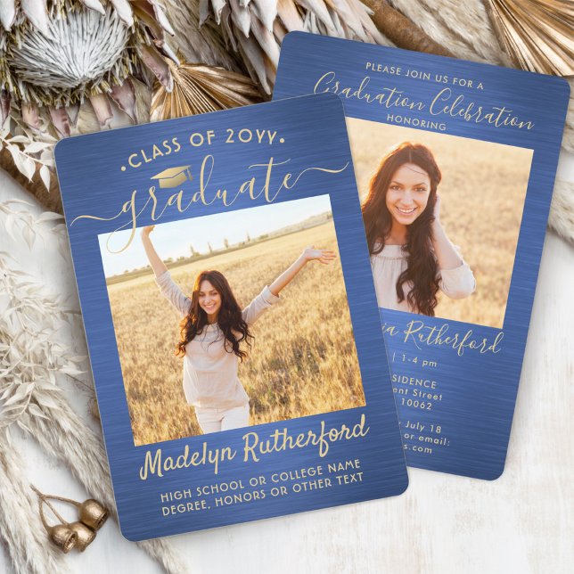 2 Photo Graduation Modern Script Brushed Blue Gold Invitation (Creator Uploaded)