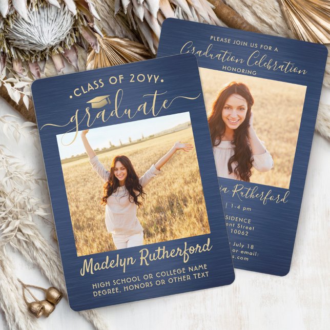 2 Photo Graduation Modern Script Brushed Navy Gold Invitation (Creator Uploaded)