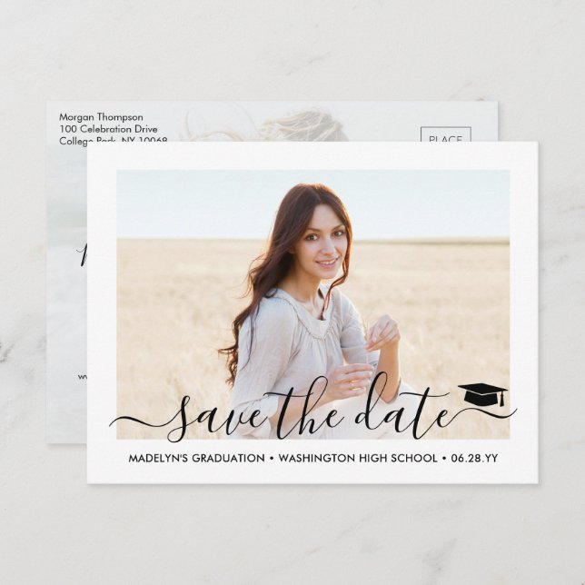 2 Photo Graduation Modern Script Save the Date Announcement Postcard (Front/Back)