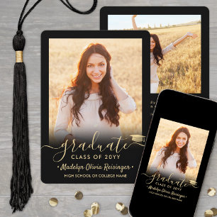 2 Photo Graduation Modern Simple Script Black Gold Announcement