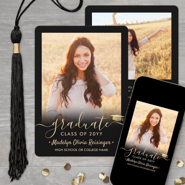 2 Photo Graduation Modern Simple Script Black Gold Announcement (Creator Uploaded)