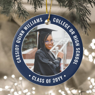 2 Photo Graduation Navy Blue White 2019 Picture Ceramic Ornament