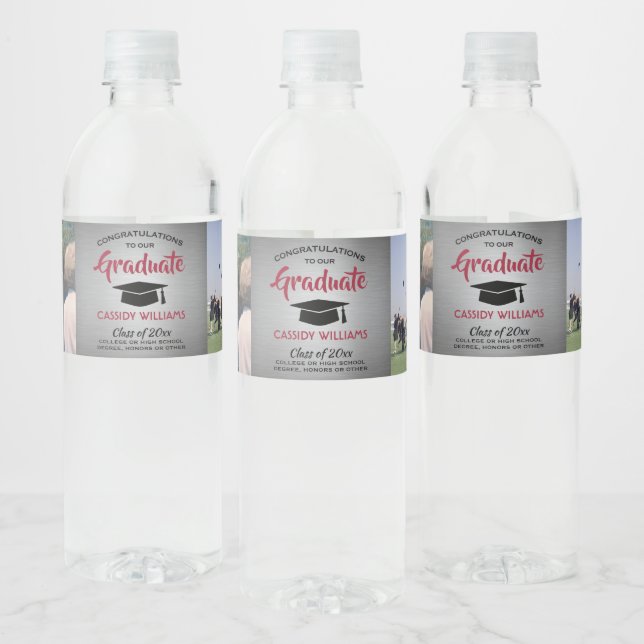 2 Photo Graduation Party Brushed Gray Red & Black Water Bottle Label (Bottles)