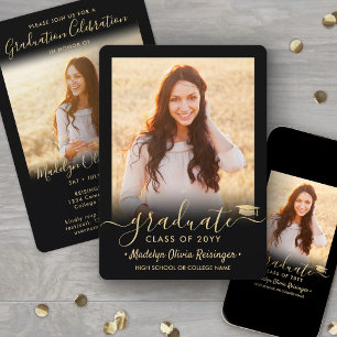 2 Photo Graduation Party Elegant Black and Gold Invitation