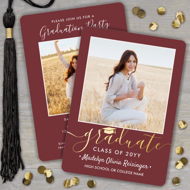 2 Photo Graduation Party Modern Script Burgundy & (Creator Uploaded)