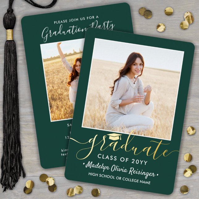 2 Photo Graduation Party Modern Script Green and (Creator Uploaded)