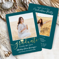 2 Photo Graduation Party Modern Script Teal and