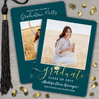 2 Photo Graduation Party Modern Script Teal and