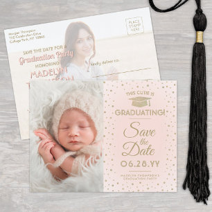 2 Photo Graduation Save the Date Blush Pink & Gold Announcement Postcard