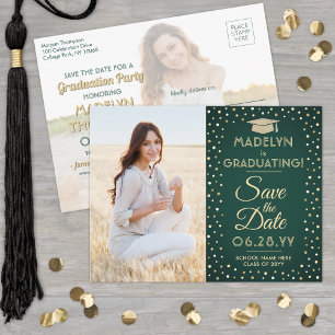 2 Photo Graduation Save the Date Green and Gold Announcement Postcard