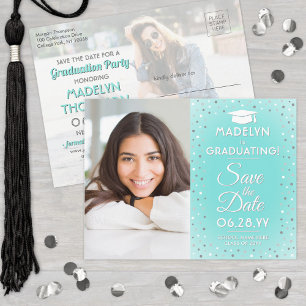 2 Photo Graduation Save the Date Modern Teal Blue Announcement Postcard