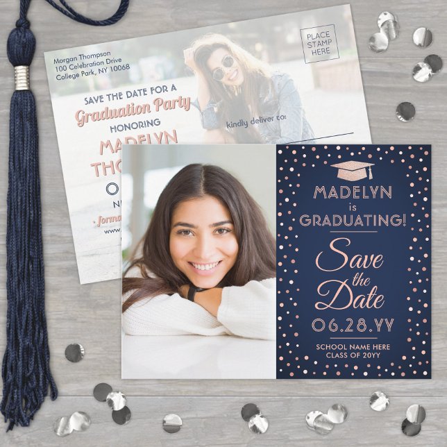 2 Photo Graduation Save the Date Navy Pink Gltter Announcement Postcard (Creator Uploaded)