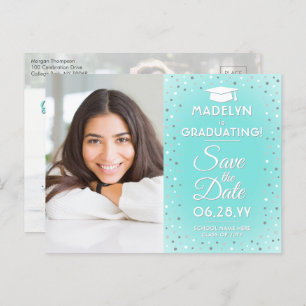 2 Photo Graduation Save the Date Teal Faux Silver Announcement Postcard