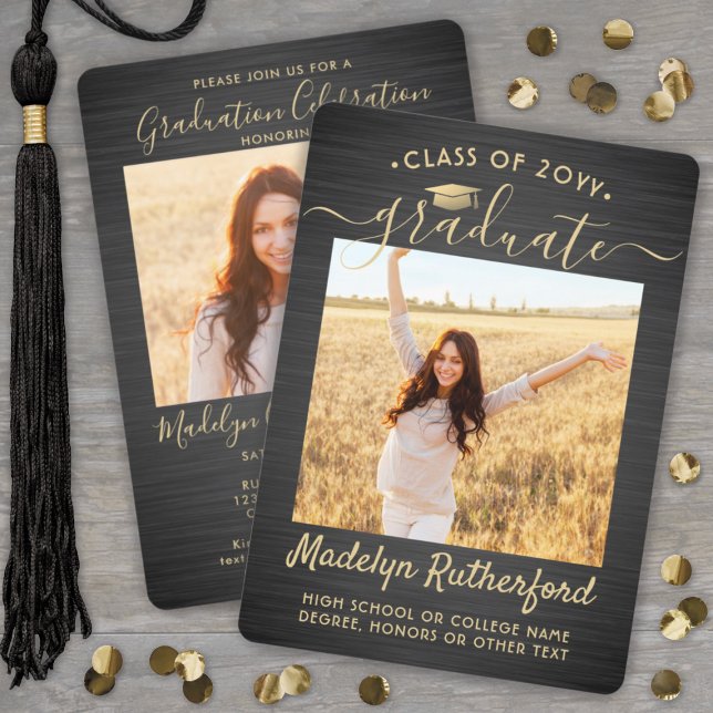 2 Photo Graduation Script Brushed Black and Gold Invitation (Creator Uploaded)