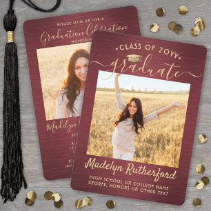 2 Photo Graduation Script Brushed Burgundy & Gold Invitation