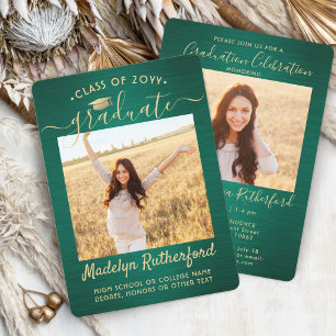 2 Photo Graduation Script Brushed Green and Gold Invitation