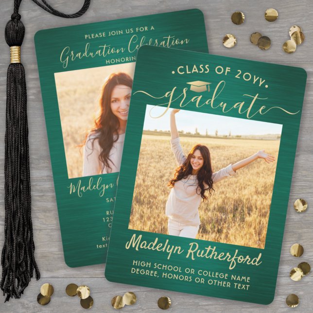 2 Photo Graduation Script Brushed Green and Gold Invitation (Creator Uploaded)