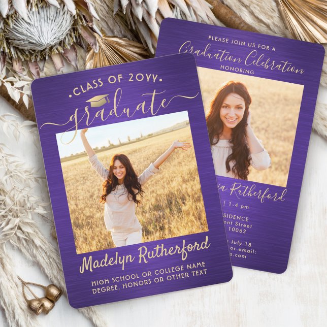 2 Photo Graduation Script Brushed Purple and Gold Invitation (Creator Uploaded)