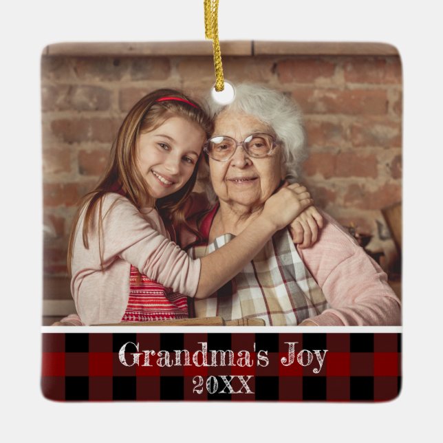 2 Photo Grandma's Joy Red Buffalo Plaid Ceramic Ornament (Front)