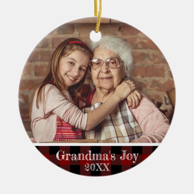 2 Photo Grandma's Joy Red Buffalo Plaid Ceramic Ornament (Front)