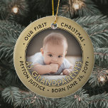 2 Photo Grandparents First Christmas Black & Gold Ceramic Ornament<br><div class="desc">Celebrate the precious gift of your newest family member with a custom 2 photo "Our First Christmas as Grandparents" faux gold foil round ceramic ornament. Gender neutral design is suitable for a new baby boy or girl grandchild. Picture and all text on this template are simple to personalize. (IMAGE &...</div>