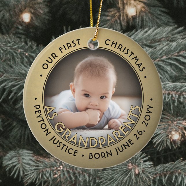 2 Photo Grandparents First Christmas Black & Gold Ceramic Ornament (Creator Uploaded)
