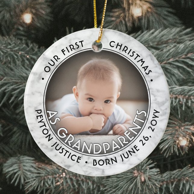2 Photo Grandparents First Christmas Faux Marble Ceramic Ornament (Creator Uploaded)