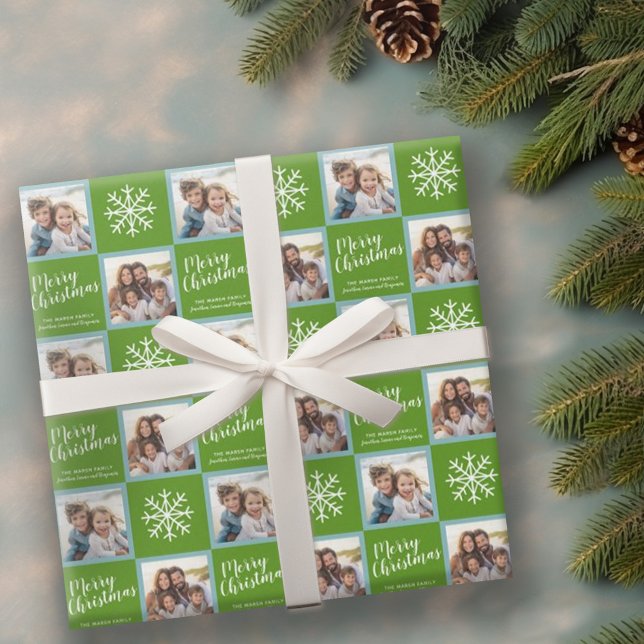 2 Photo - Green Merry Christmas Snowflakes Wrapping Paper (Personalized wrapping paper with 2 photos)