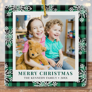 2 Photo Green Plaid Snowflakes Merry Christmas Ceramic Ornament