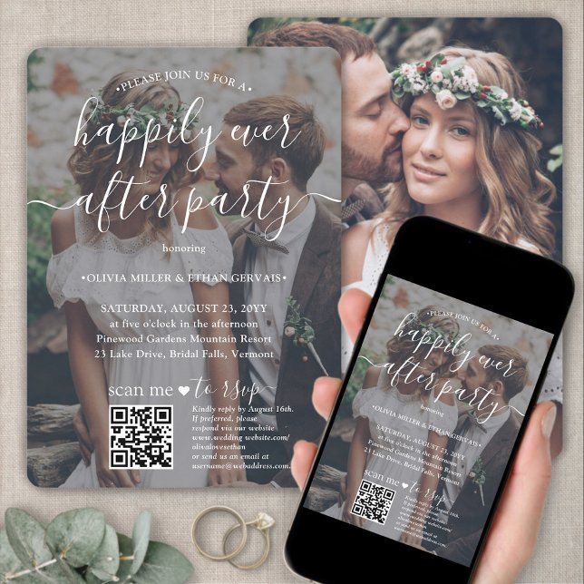 2 Photo Happily Ever After Party QR RSVP Wedding Invitation (Creator Uploaded)