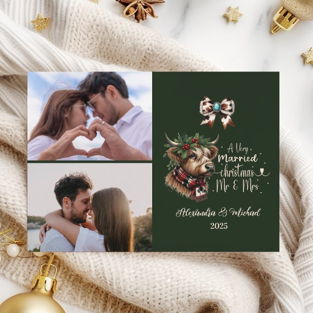2 Photo Highland Cow Merry Christmas Mrs and Mr Holiday Card (Creator Uploaded)