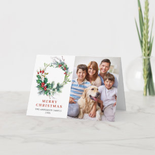 2 PHOTO Holly Berry Wreath Christmas Greeting Holiday Card