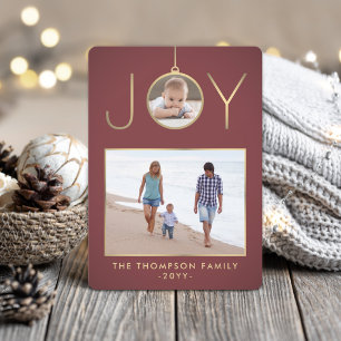 2 Photo Joy Christmas Ornament Burgundy and Gold Holiday Card