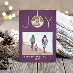 2 Photo Joy Christmas Ornament Chic Purple & Gold Holiday Card