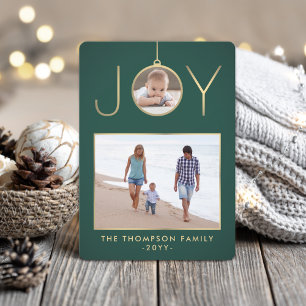 2 Photo Joy Christmas Ornament Dark Green and Gold Holiday Card