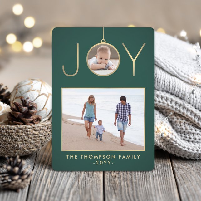 2 Photo Joy Christmas Ornament Dark Green and Gold Holiday Card (Creator Uploaded)