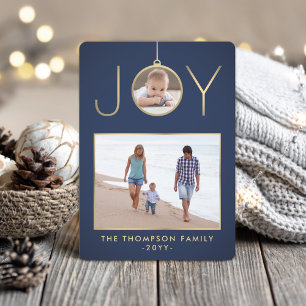 2 Photo Joy Christmas Ornament Navy Blue and Gold Holiday Card