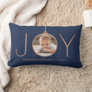 2 Photo JOY Navy Blue Copper Chic Modern Christmas Lumbar Cushion