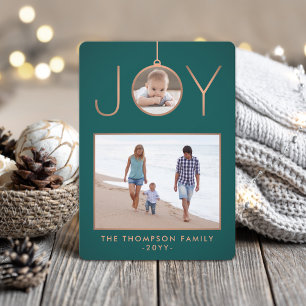 2 Photo Joy Ornament Elegant Modern Teal & Copper Holiday Card