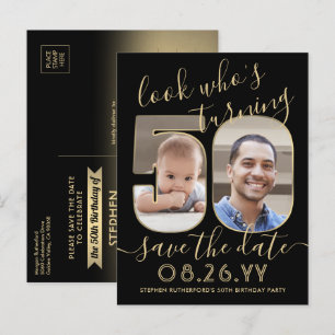 2 Photo Look Who's 50 Birthday Save The Date Gold Announcement Postcard