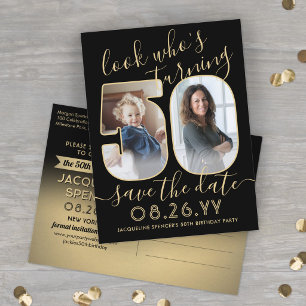 2 Photo Look Who's 50 Birthday Save The Date Gold Announcement Postcard