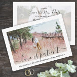 2 Photo Love is Patient Wedding Postponement Save The Date<br><div class="desc">If unexpected circumstances have caused a postponement or cancellation of your special day, inform family and friends of the change in plans with these elegant "love is patient" wedding save the new date invitations. Pictures and all text are simple to customise. (IMAGE PLACEMENT TIP: An easy way to centre a...</div>