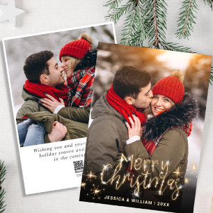 2 PHOTO Merry Christmas Gold Sparkle Greeting Holiday Card