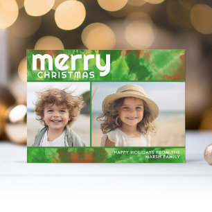 2 Photo- Merry Christmas - Tie-Dye Red Green Holiday Card
