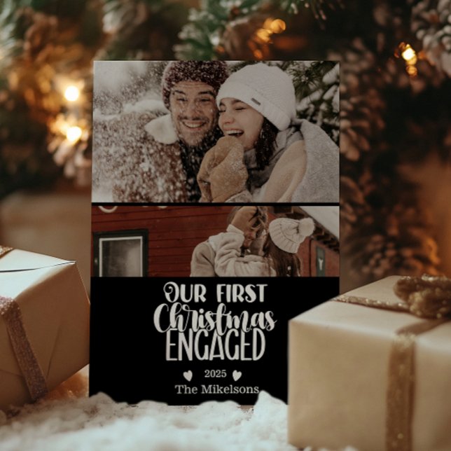 2 Photo Minimalist First Christmas Engaged Holiday Card (Creator Uploaded)